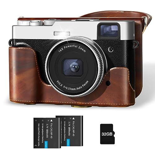 Upgraded 4K Digital Camera with Leather Case, 48MP Vlogging Cameras for Photography and Video with Viewfinder, Point and Shoot Camera for YouTube with 32G Card & 2 Batteries