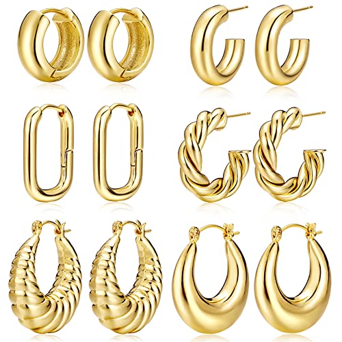 Gold Hoop Earrings for Women,14K Gold Plated Thick Hoop Earrings Pack, Chunky Hoops Set Hypoallergenic, Small Hoop Jewelry
