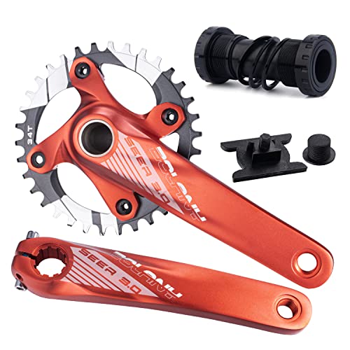 BOLANY 170mm Bike Crankset 34T/36T Hollow Integrated 104BCD Single Speed Round Chainring Crankset with Bottom Bracket (Red, 34T)