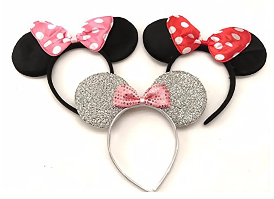 3 Minnie Mouse Black Red Pink Silver Bow-Mickey Mouse Ears Headband Costume