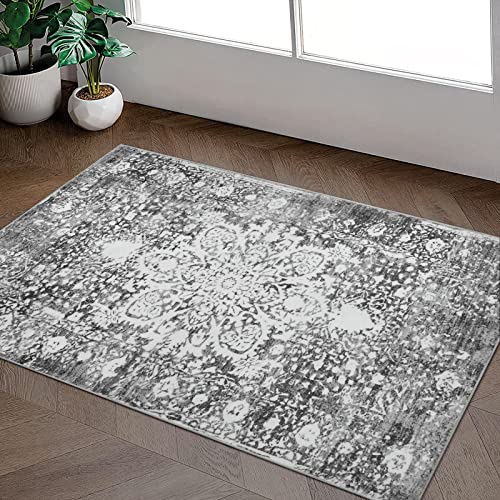 Beeiva Medallion Small Entryway Area Rug, 2x3 Grey Washable Kitchen Rug Non Slip Entry Rugs for Inside House, Vintage Distressed Doormat Non-Shedding Throw Rug for Bedroom Entryway Bathroom
