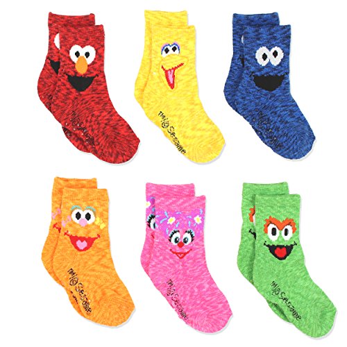 Sesame Street Elmo Boys Girls Multi Pack Crew Socks with Grippers (12-24 Months, Abby Zoe 6 pk)