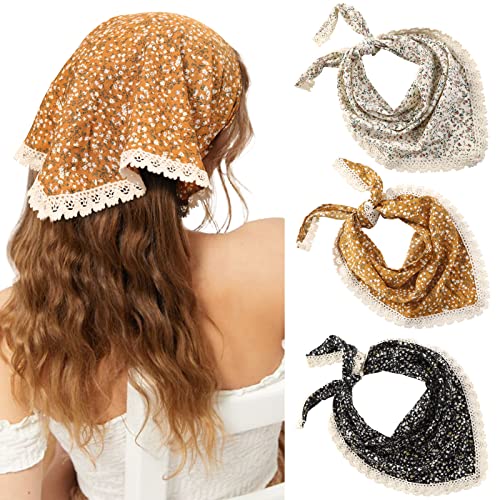 Molans 3Pcs Floral Head Scarf, Chiffon Hair Bandanas Kerchief, Vintage Boho Hair Scarf for Women Girls