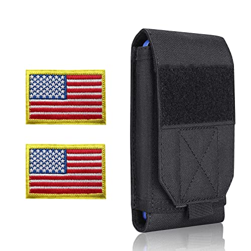 Heyqie Black Tactical Molle Cellphone Pouch Case,Heavy Duty Waterproof Phone Holster Bag for iPhone 11 12 13 Pro Max Samsung S22 S21 S20 FE Note 20 A02S Less 6.7' Phone with 2 Pack US Flag Patch