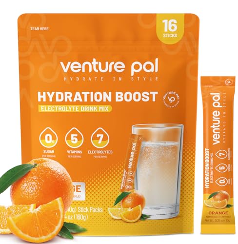 Venture Pal Sugar Free Electrolyte Powder Packets - Liquid Daily IV Drink Mix for Rapid Hydration & Party Recovery | 5 Vitamins & 7 Electrolytes| Keto Friendly | Non-GMO | Certified Vegan | 16 Sticks