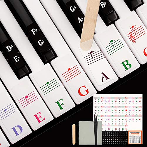 Piano Keyboard Removable Stickers for 88/76/61/54/49/37 Key for Beginners, Musical Note Stickers with Guide, Stick, Tweezers, Cleaning Cloth