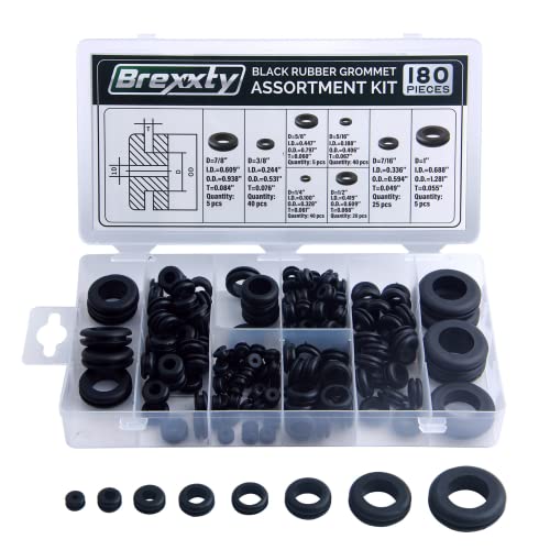 Brexxty 180 Pcs Rubber Grommets Kit in 8 Sizes – Drill Hole 1/4',5/16',3/8',7/16',1/2',5/8',7/8' & 1' – Rubber Wire Grommets for Automotives and Wires Protection
