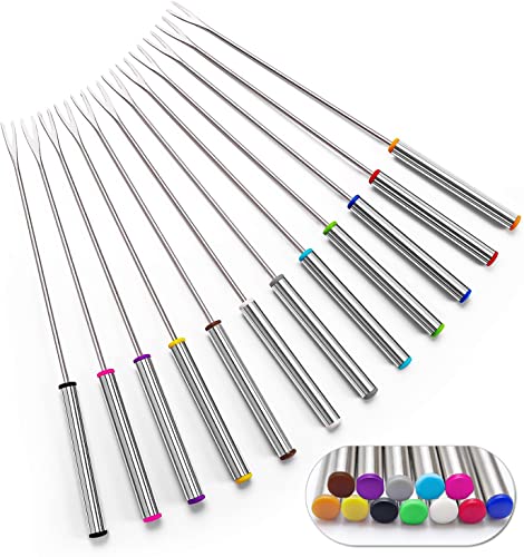 Set of 12 Stainless Steel Fondue Forks 9.5', Color Coded Cheese Fondue Forks Smores Sticks with Heat Resistant Handle for Chocolate Fountain Cheese Roast Marshmallows Dessert Fruits
