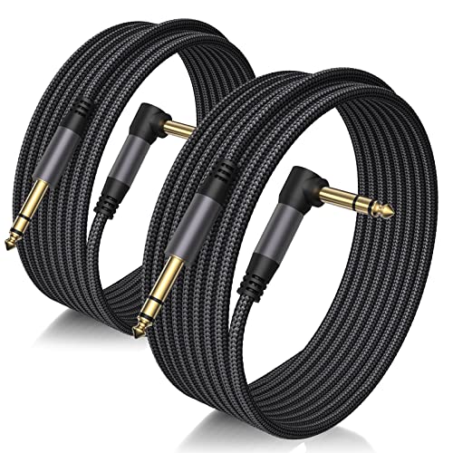 Birvemce 2 Pack Premium TRS Cable 10FT, 1/4 Inch TRS Cable- Noise Free and Long-Lasting AMP Cord for Electric Guitar, Stereo Balanced Interconnect Line for Mixer, Studio Monitor, Right Angle