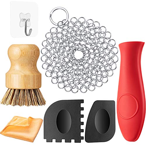 7 Pieces Cast Iron Cleaner Set Include Stainless Steel Chainmail Scrubber with Bamboo Dish Scrub Brush Hot Handle Holder 2 Pan Grill Scrapers Kitchen Towel Wall Hook
