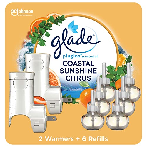 Glade PlugIns Refills Air Freshener Starter Kit, Scented and Essential Oils for Home and Bathroom, Coastal Sunshine Citrus, 4.02 Fl Oz, 2 Warmers + 6 Refills
