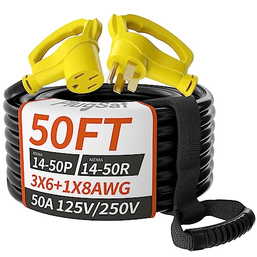 PlugSaf 50 FT 50 Amp RV/EV Extension Cord Outdoor with Grip Handle, 4 Prong Flexible Heavy Duty 6/3+8/1 Gauge STW RV Power Cord Waterproof, NEMA 14-50P to 14-50R, Black-Yellow, ETL Listed
