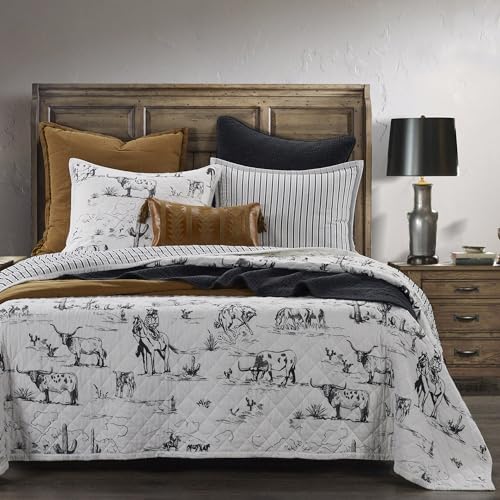 Paseo Road by HiEnd Accents Ranch Life Western Bedding, 2 Piece Twin Size Quilt Set, White Black Cow Cowboy Longhorn Horse Rodeo Print Western Bed Set, Cotton Rustic Southwest Quilt with Pillow Sham