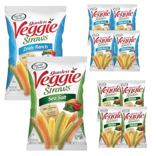 Sensible Portions Veggie Straws Multi-Pack, Sea Salt and Zesty Ranch Flavor, Gluten-Free Chips, Individual Snacks, 0.75 Ounce Bag, 10-Pack