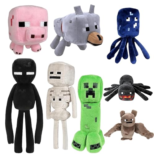 XSLWAN 8Pack Game Plush Creeper Plush, Enderman Plush, Baby Wolf, Baby Pig, Spider, bat, Skeleton Shooter, Squid Stuffed Animals Toys，Great Gift for Children and Fans.