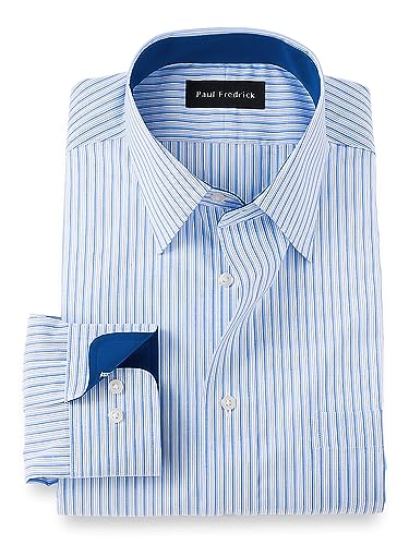 Paul Fredrick Men's Classic Fit Non-Iron Cotton Stripe Dress Shirt Blue 17.5/35 DMT680B