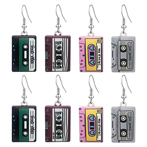 QUSIJIA 4 Pairs Retro 80s Cassette Tape Dangle Drop Earrings Personalized Plated Enamel Earrings For Women Girls (tape)