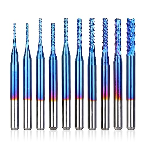 SainSmart Genmitsu 10Pcs Nano Blue Coat End Mill CNC Router Bits, 0.8-3mm, 1/8' Shank