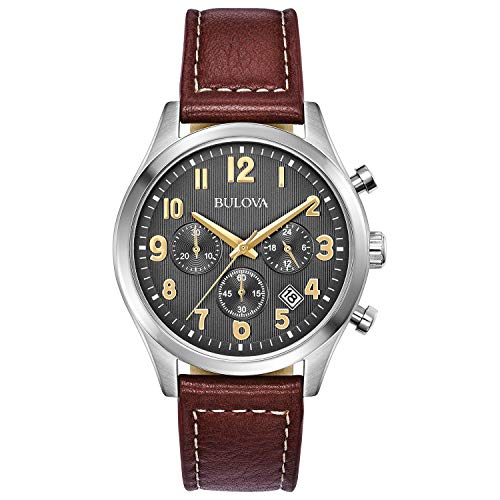 Bulova Men's Classic Stainless Steel Chronograph Quartz Watch, Brown Leather Strap with Gold Tone Arabic Markers, 41mm Style: 96B301