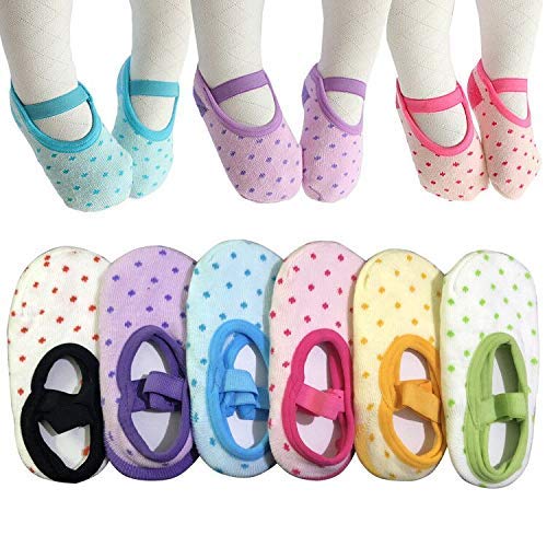 6 Pairs Toddler Girl Anti Slip Mary Jane Socks Baby Girl Gift No Skid Ballet Socks with Strap No Show Crew Socks for 12-30 Months Walker