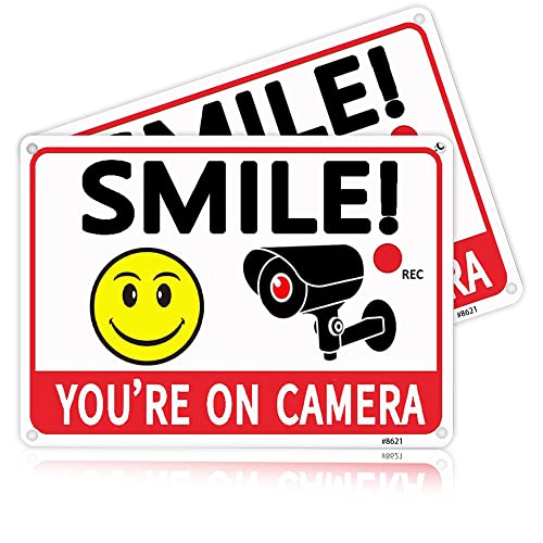 2 Pack Smile You're On Camera Signs,Aluminum, UV Ink Printed, Outdoor Video Surveillance & Security Camera Signs for Property,Orange with Black Font, 7x10 Inches, Driveway Alert, CCTV