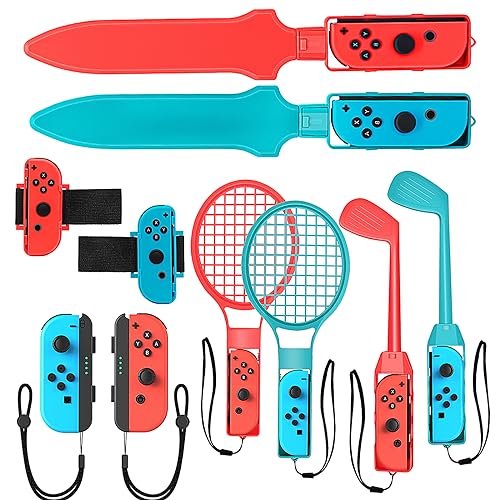 BRHE Nintendo Switch Sports Accessories12 in 1 Nintendo Sports Accessories Bundle for Switch Sports Games,Family Accessories Kit for Switch/OLED Sports Games:Golf Clubs,Tennis Rackets,Sword Grips