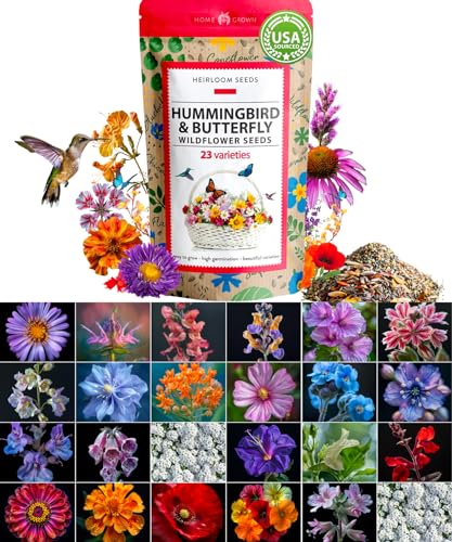 HOME GROWN 130,000+ Wildflower Seeds - Premium Birds & Butterflies Wildflower Seed Mix [3 Oz] Flower Garden Seeds - Bulk Wild Flowers: 23 Wildflowers Varieties, 100% Non-GMO Perennial Annual Seeds