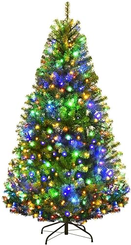 Goplus 5FT Pre-Lit Artificial Christmas Tree, Hinged Xmas Tree with 150 Dual-Colored LED Lights, 11 Flash Modes, 600 PVC Branch and Foldable Base, for Indoor Holiday Decor