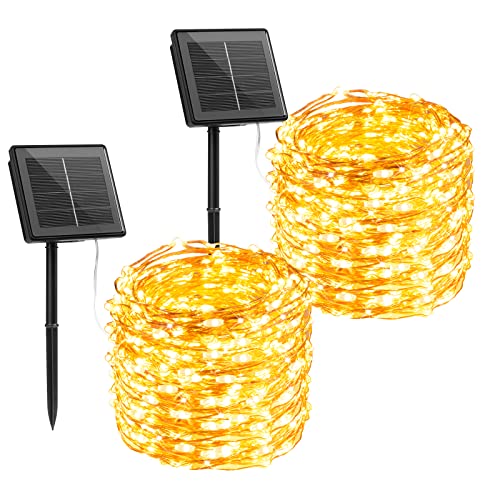 Brightown Solar String Lights, 2 Packs Total 66Ft 200 LED Solar Fairy Lights with 8 Modes, Waterproof Solar Lights for Outside Patio Yard Tree Wedding Christmas(Warm White)