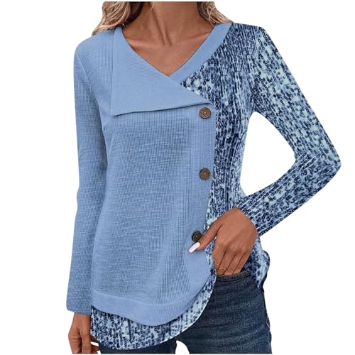 Sale Items Clearance Prime Long Sleeve Tops for Women Button Down Dressy Blouse Shirred V Neck Comfy Tunic Tops for Leggings Spring Clothes Blue