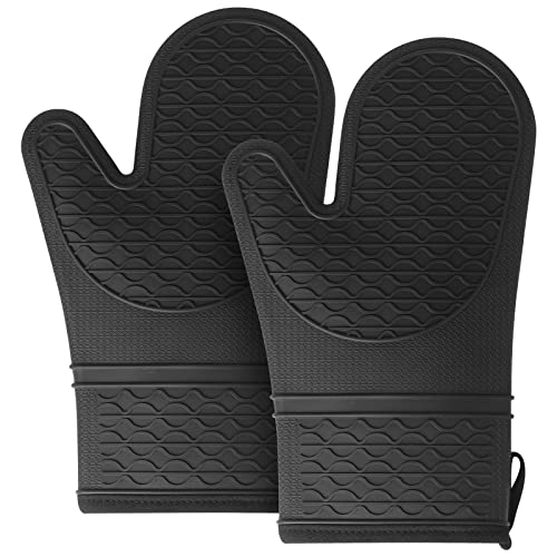 Vaincre Oven Mitts Heat Resistant - 2PCS Black Silicone Oven Mitts, Non-Slip Grip Soft Oven Mitt, Flexible Kitchen Oven Mits Potholders Oven Gloves for Cooking Baking Kitchen Mittens