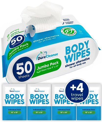 XL Body Wipes (50 Count) + 4 Travel Shower Wipes for Adults Bathing No Rinse - 9' x 12' Thick Cleansing Bath Wash Wipes for Men and Women - Disposable Washcloths for Camping & Elderly Incontinence