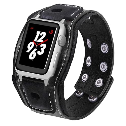 VIKOROS Wide Leather Cuff Compatible with Apple Watch Series 9 8 7 6 5 4 3 2 Ultra 49mm 45mm 44mm 42mm Band for Men, Western Apple Watch Bands for Women Boho, Punk Goth Military Viking Bracelet Smart