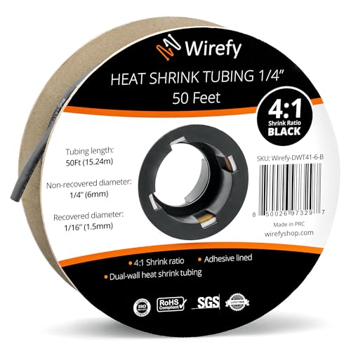Wirefy 1/4' Heat Shrink Tubing - 4:1 Ratio - Adhesive Lined - a resistant Heat Shrink - 50 Feet Roll - Black