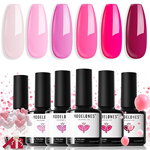 modelones Pink Gel Nail Polish Set 6 Colors, Hot Pink Tones Neon Pink Shades Magenta Light Soft to Dark Nail Art Design for Women Girl Nail Lovers Gift Salon DIY Summer Gel Manicure Kit