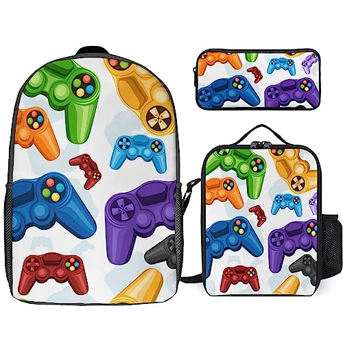 NAWFIVE Video Controller Gamepad Backpack And Lunch Bag,Pencil Case 3 Set Bag Colorful Wireless Game Pads Lightweight Casual Daypack for Men Women Work,Travel