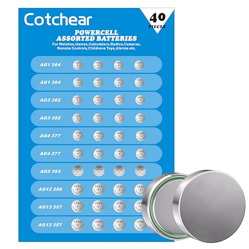 Cotchear 40pcs Alkaline Cell Batteries Assorted 1.5 Volt AG1/LR621 AG3/LR41 AG4/LR626 AG5/LR754 AG12/LR43 AG13/LR44 Coin Batteries Set 0% Mercury