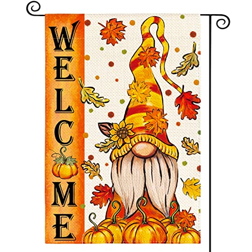 AVOIN colorlife Welcome Gnome Fall Garden Flag 12x18 Inch Pumpkin Maple Leaves Double Sided Outside, Seasonal Thanksgiving Yard Outdoor Decorative Flag