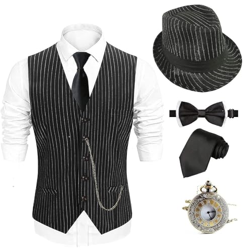 EFORLED 1920s Mens Costume Fedora Hat,Gatsby Gangster Vest,Vintage Pocket Watch,Pre Tied Bow Tie,Tie,TT-L