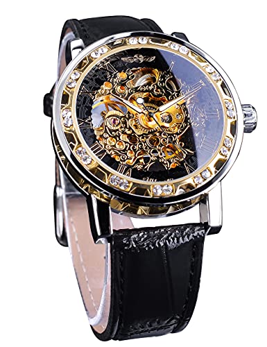 Winner Retro Manual Mechanical Skeleton Watch with Diamond and Carving Flower Craft Men Skeleton Wrist Watch Mechanical Classic Roman Number