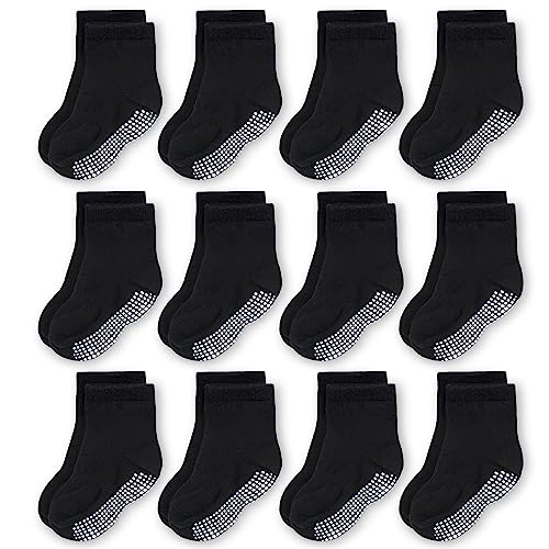 CozyWay Non-Slip Crew Grip Toddler Socks, 12 Pack for Boys & Girls, Black, 3-5 Years Old