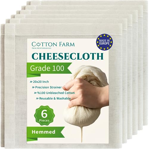 Cotton Farm Cheese Cloths, Grade 100 – 20x20 inch Hemmed, 100% Pure Unbleached Cotton, Washable and Reusable CheeseCloth for Straining, Cooking, Baking and Basting, Butter Muslin