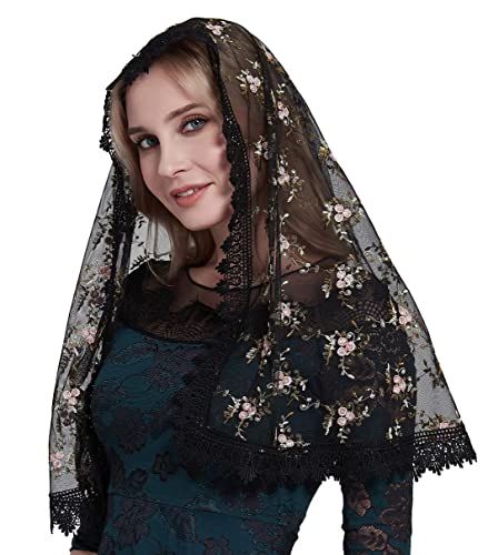 YHDDYG Embroidery Lace Mantilla Veil Infinity Chapel Veil Floral Lace Veil S113 (Black Veil)