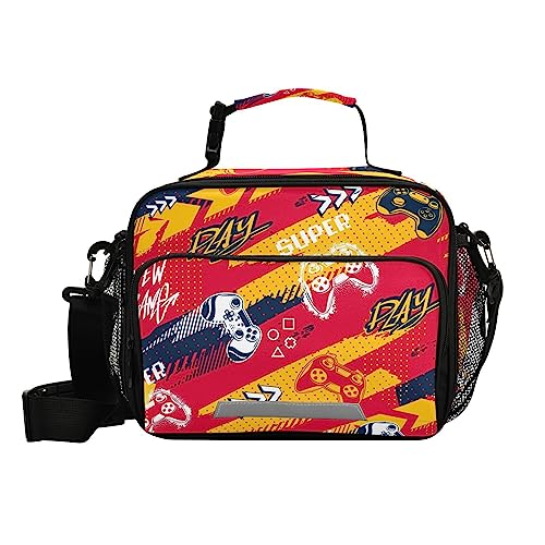 VIGTRO Gamepad Joystick Controller Lunch Bag,Insulated Leakproof Lunch Box with Adjustable Shoulder Strap,Grunge Brush Line Reusable Cooler Tote Bag for Work,Office,Picnic,Travel