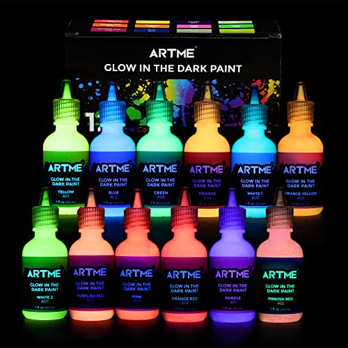 ARTME Glow in The Dark Paint, Glow Paint Set of 12 Bright Colors 30ml/1oz, Acrylic Glow in The Dark Paint Perfect for Art Painting, DIY projects, Halloween and Christmas Decorations, Rich Pigments for