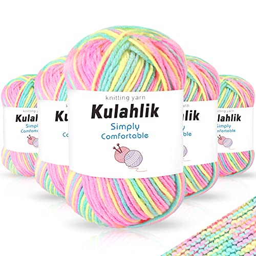 Kulahlik 250g(5x50g) Acrylic Yarn for Crochet/Knitting, Colorful Gradient Yarn Thread, 5 Rolls Skeins, Perfect for Any Knitting Crochet and Crafts Mini Project