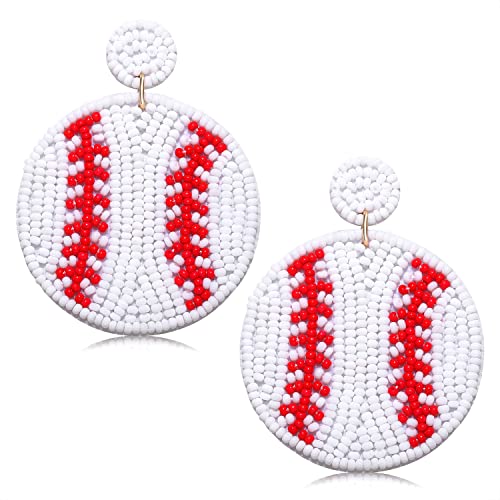 NVENF Beaded Baseball Earrings Sports Earrings for Women Handmade Bead Basketball Drop Dangle Earrings Holiday Party Game Jewelry Gifts (White Baseball 2)