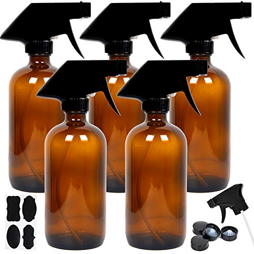 Youngever 5 Pack Empty Amber Glass Spray Bottles, 8 Ounce Refillable Container for Essential Oils, Cleaning Products, or Aromatherapy, Trigger Sprayer with Mist and Stream Settings