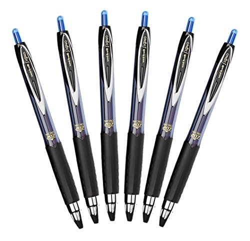Uni-Ball Signo 207 Retractable Gel Pen, 0.5mm Micro Point, Blue, Pack of 6