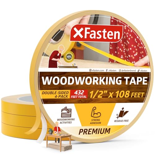 XFasten Double Sided Woodworking Tape 1/2' x 36 Yards (4-Pack) - Double Face Woodworker Turner's Tape for Wood Template, Edge Banding, Routing, Anchoring | Strong Adhesion but Removable & Residue Free